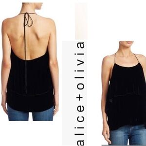 Alice + Olivia Top Womens Marybeth Black Ruffle Velvet halter Camisole M